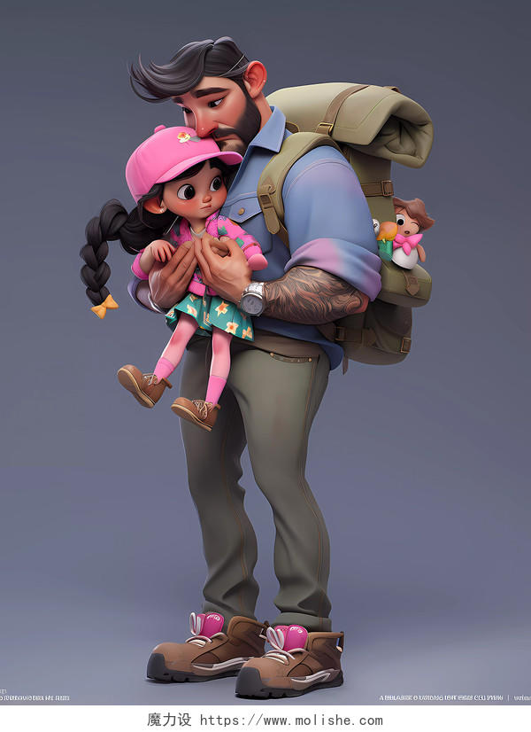 父亲节3d卡通迪士尼风格父亲抱着孩子的场景